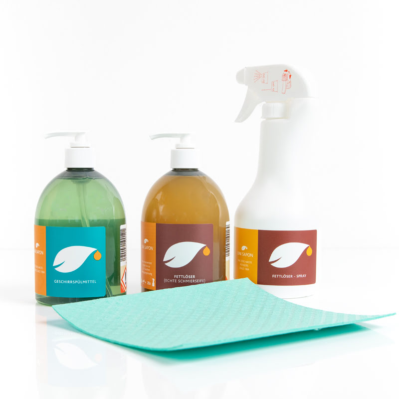 Uni Sapon Abwaschprofi-Set bestehend aus Geschirrspülmittel, Fettlöser, Sprühflasche und kompostierbarem Schwammtuch